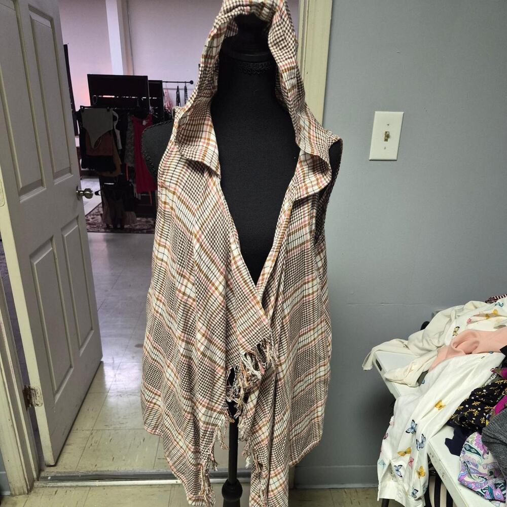 Brown and beige plaid poncho